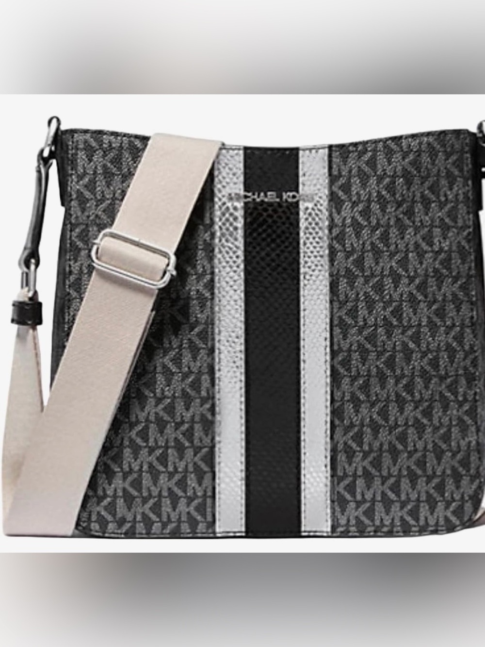 Michael Kors Black & Gray MK Logo Messenger Bag with Cream Strap
